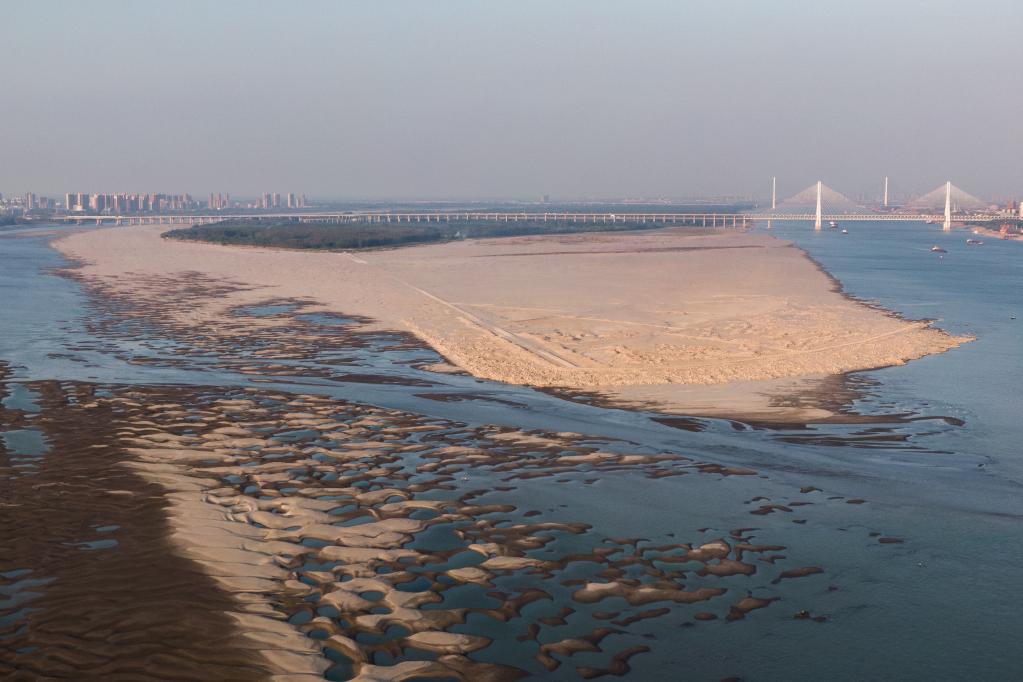 天兴洲北岸几乎与汉口江岸连成一片 大片滩涂露出江面