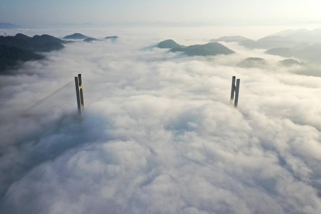 云蒸雾绕湖北宣恩贡水河特大桥